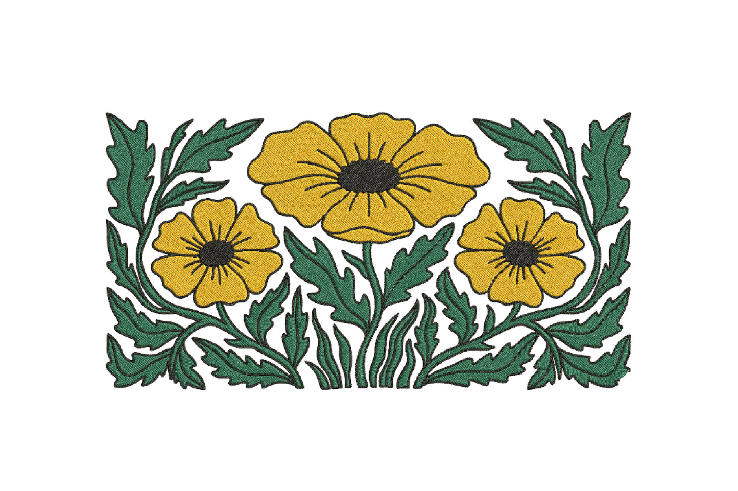 Yellow Flowers Embroidery Design – Beautiful Yellow Floral Machine Embroidery Pattern, Elegant Flower Embroidery Design