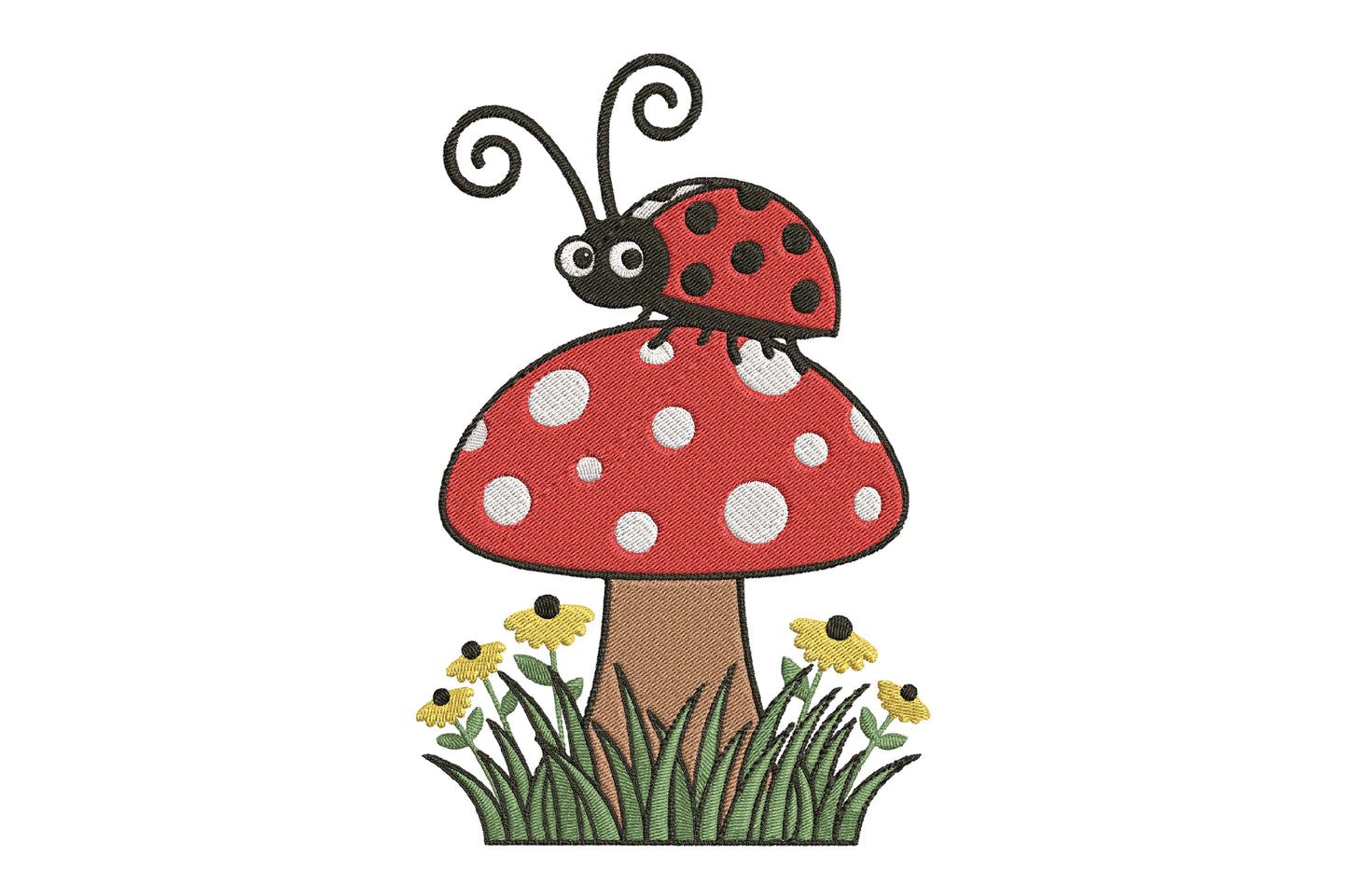 Ladybug on a Mushroom Embroidery Design – Cute Ladybug Machine Embroidery Pattern, Woodland Mushroom Nature Embroidery Design
