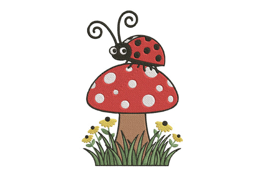 Ladybug on a Mushroom Embroidery Design – Cute Ladybug Machine Embroidery Pattern, Woodland Mushroom Nature Embroidery Design