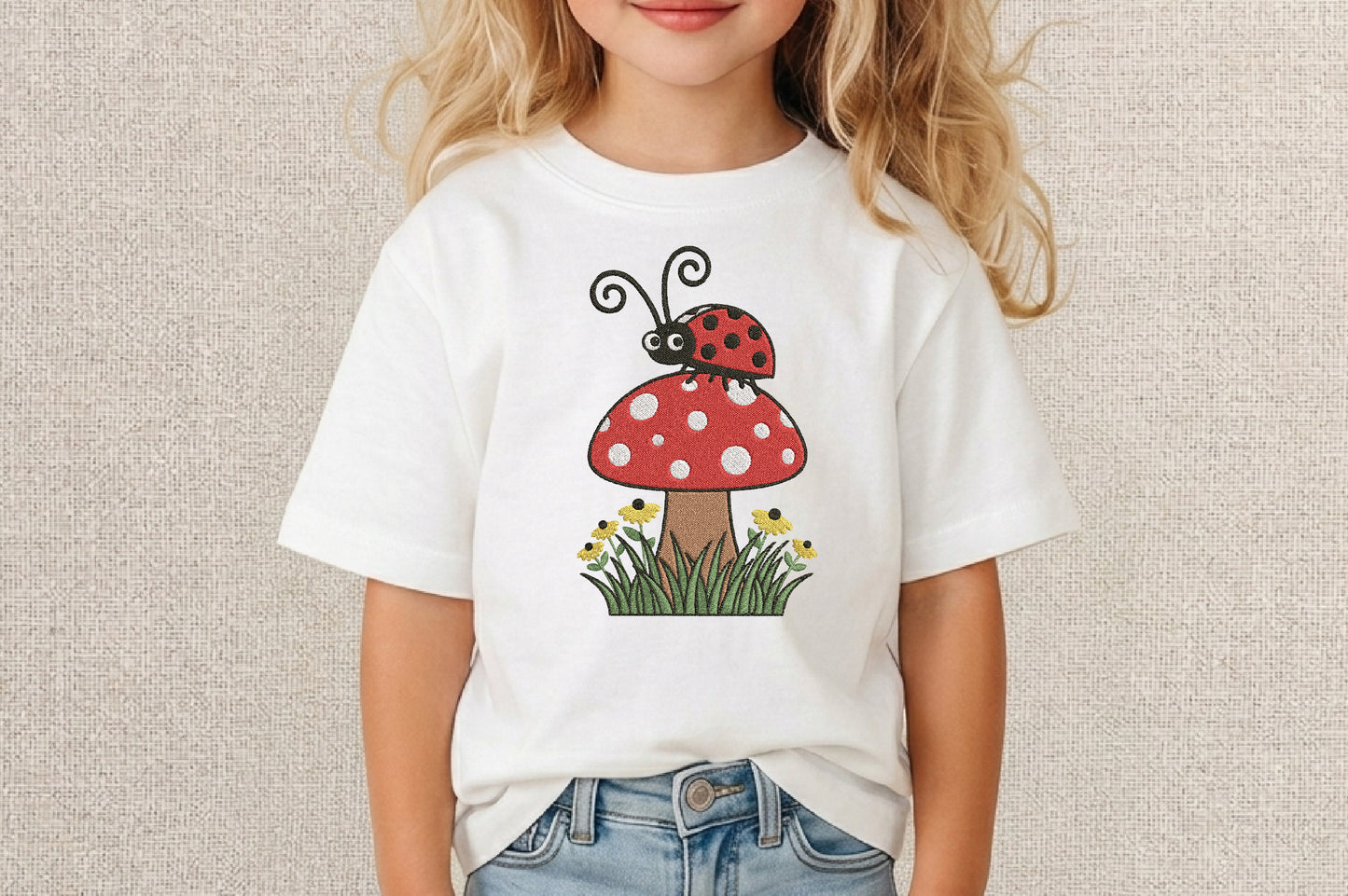Ladybug on a Mushroom Embroidery Design – Cute Ladybug Machine Embroidery Pattern, Woodland Mushroom Nature Embroidery Design