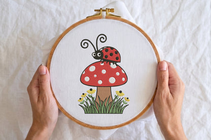 Ladybug on a Mushroom Embroidery Design – Cute Ladybug Machine Embroidery Pattern, Woodland Mushroom Nature Embroidery Design