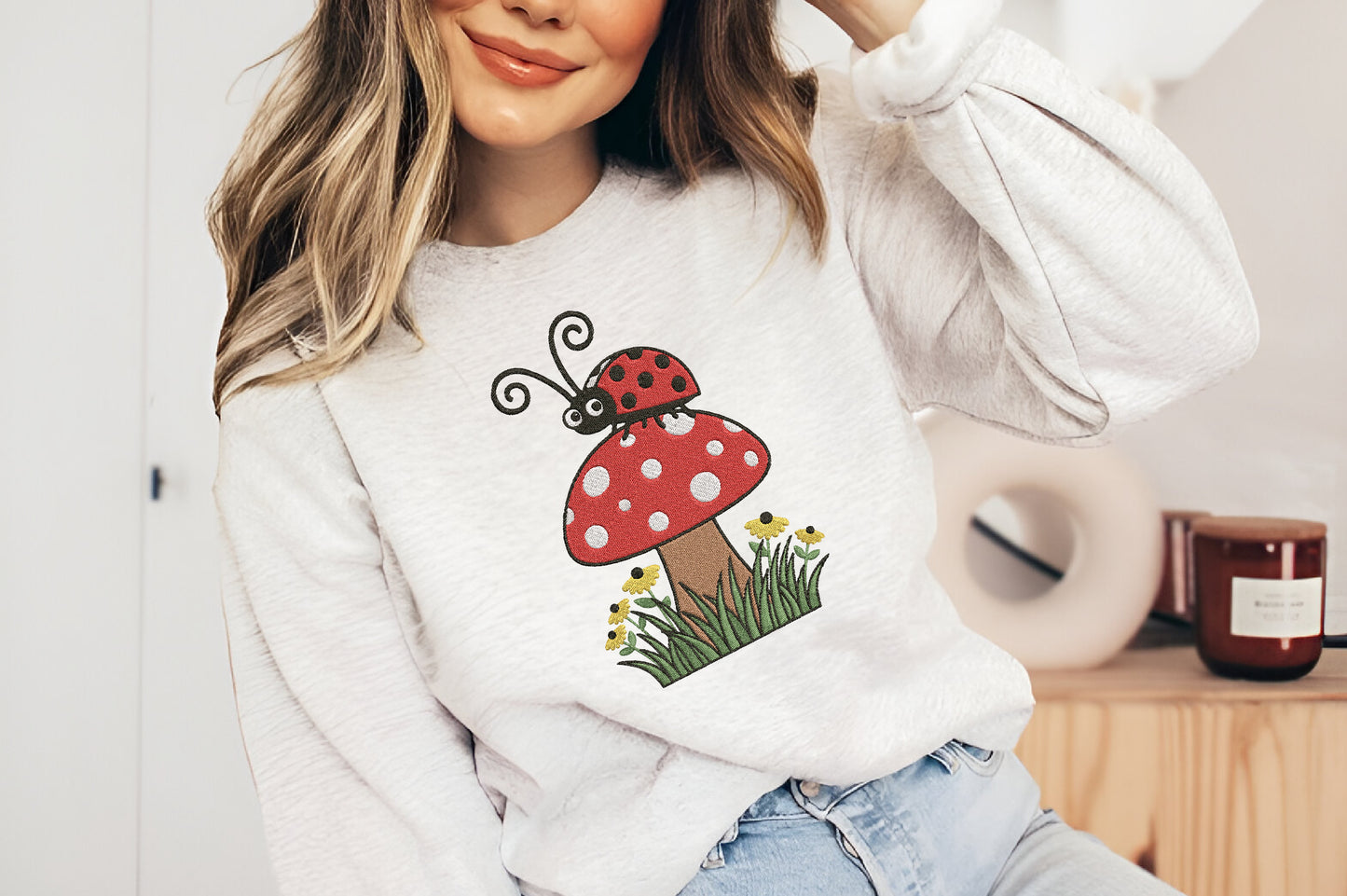 Ladybug on a Mushroom Embroidery Design – Cute Ladybug Machine Embroidery Pattern, Woodland Mushroom Nature Embroidery Design
