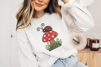 Ladybug on a Mushroom Embroidery Design – Cute Ladybug Machine Embroidery Pattern, Woodland Mushroom Nature Embroidery Design