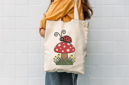 Ladybug on a Mushroom Embroidery Design – Cute Ladybug Machine Embroidery Pattern, Woodland Mushroom Nature Embroidery Design