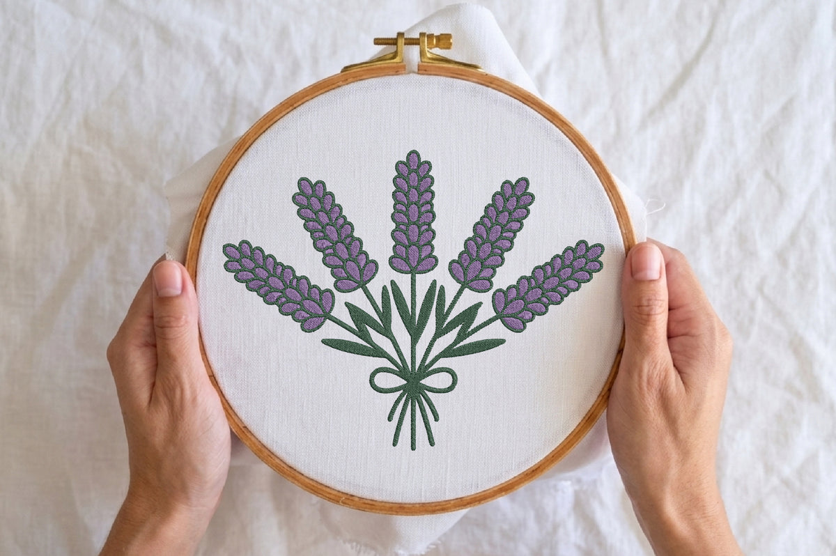 Lavender Bouquet Flowers Embroidery Design – Beautiful Lavender Flower Machine Embroidery Pattern, Elegant Floral & Botanical Embroidery Design