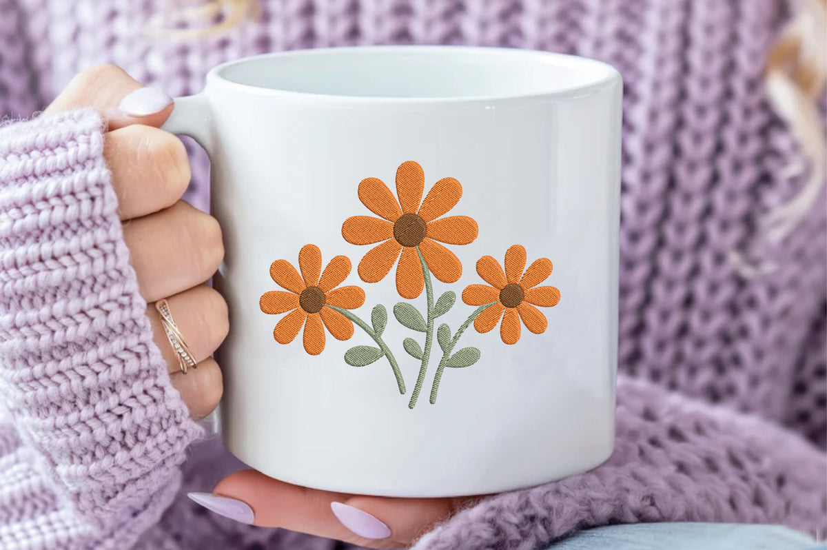 Orange Daisy Embroidery Design – Beautiful Orange Daisy Flower Machine Embroidery Pattern, Floral & Spring Nature Embroidery Design