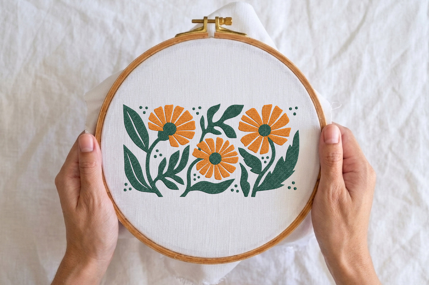 Orange Flowers Embroidery Design – Beautiful Orange Floral Machine Embroidery Pattern, Elegant Flower Embroidery Design