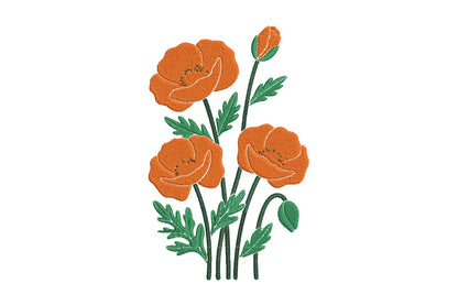 Orange Poppies Embroidery Design – Beautiful Orange Poppy Flower Machine Embroidery Pattern, Elegant Floral Embroidery Design