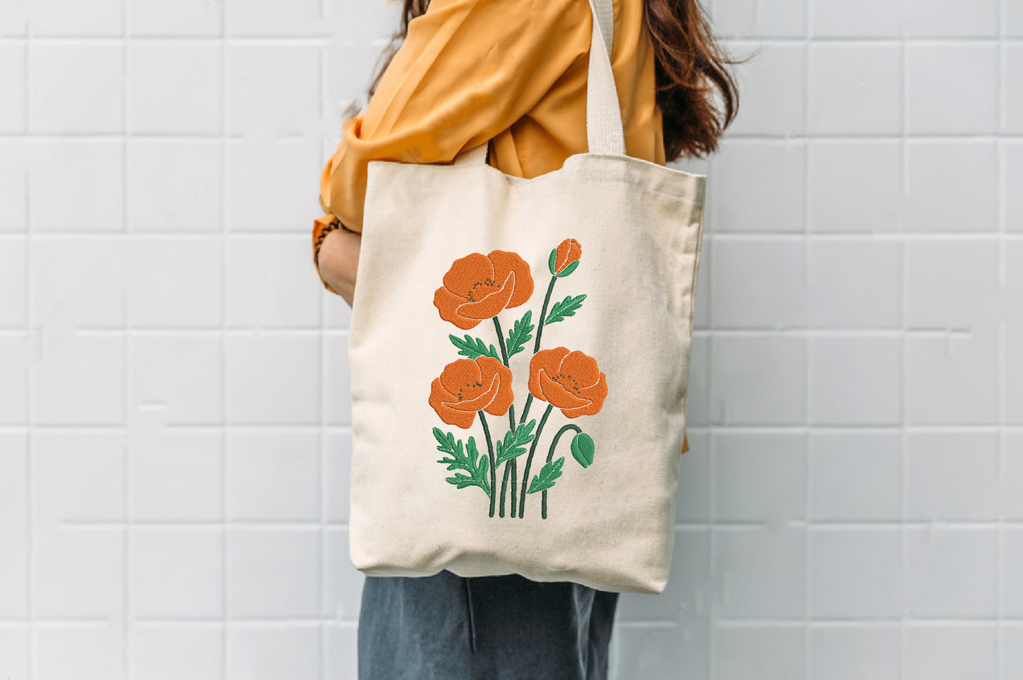 Orange Poppies Embroidery Design – Beautiful Orange Poppy Flower Machine Embroidery Pattern, Elegant Floral Embroidery Design