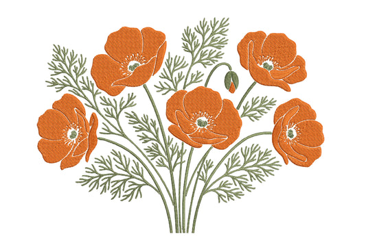 Orange Poppy Flowers Embroidery Design – Beautiful Poppy Flower Machine Embroidery Pattern, Floral & Botanical Nature Embroidery Design