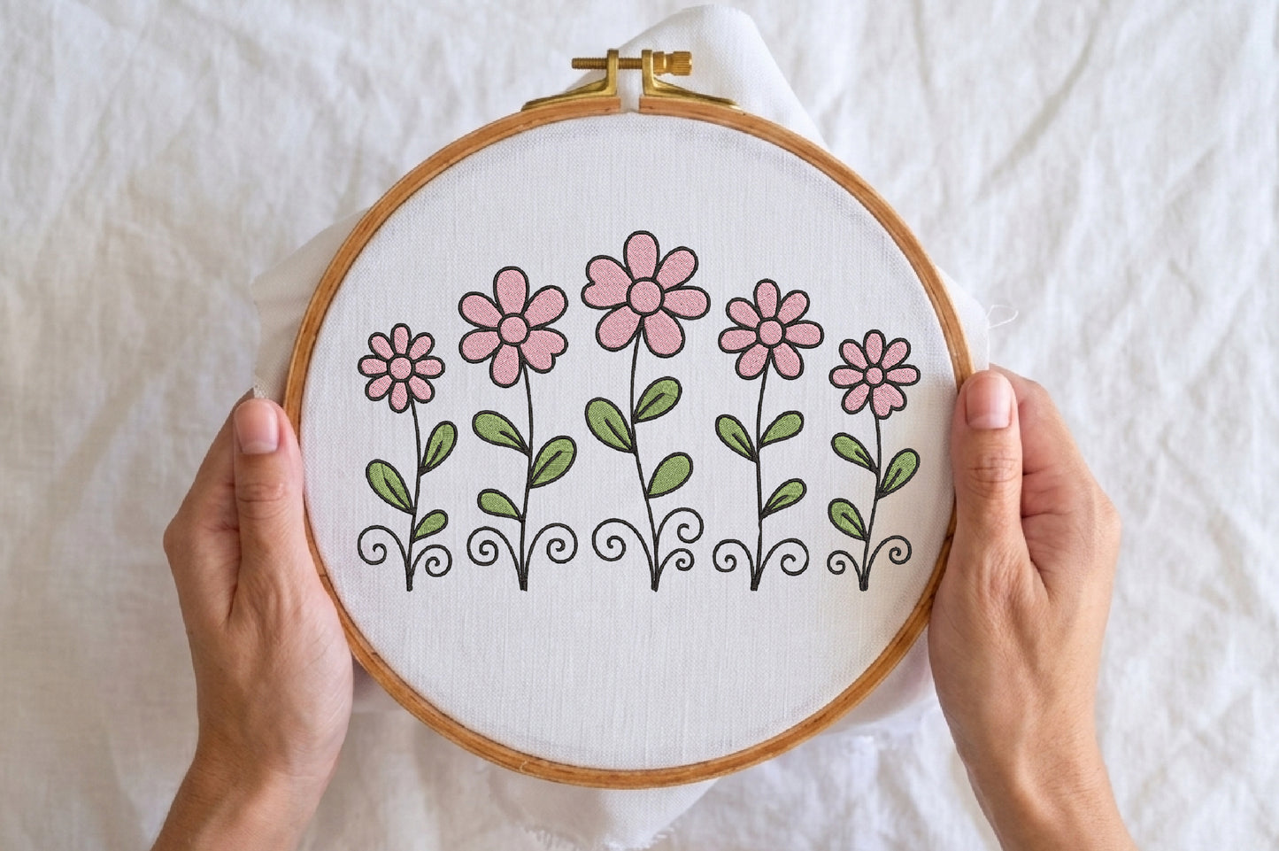 Pink Flowers Embroidery Design – Beautiful Pink Floral Machine Embroidery Pattern, Elegant Flower Embroidery Design