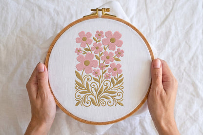 Pink Flowers Embroidery Design – Beautiful Pink Floral Machine Embroidery Pattern, Elegant Flower Embroidery Design