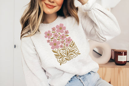 Pink Flowers Embroidery Design – Beautiful Pink Floral Machine Embroidery Pattern, Elegant Flower Embroidery Design