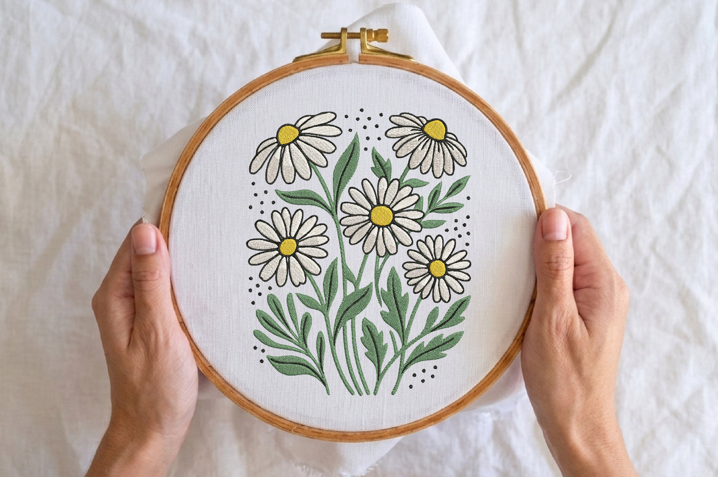 White Daisies Embroidery Design – Beautiful White Daisy Flower Machine Embroidery Pattern, Elegant Floral Embroidery Design