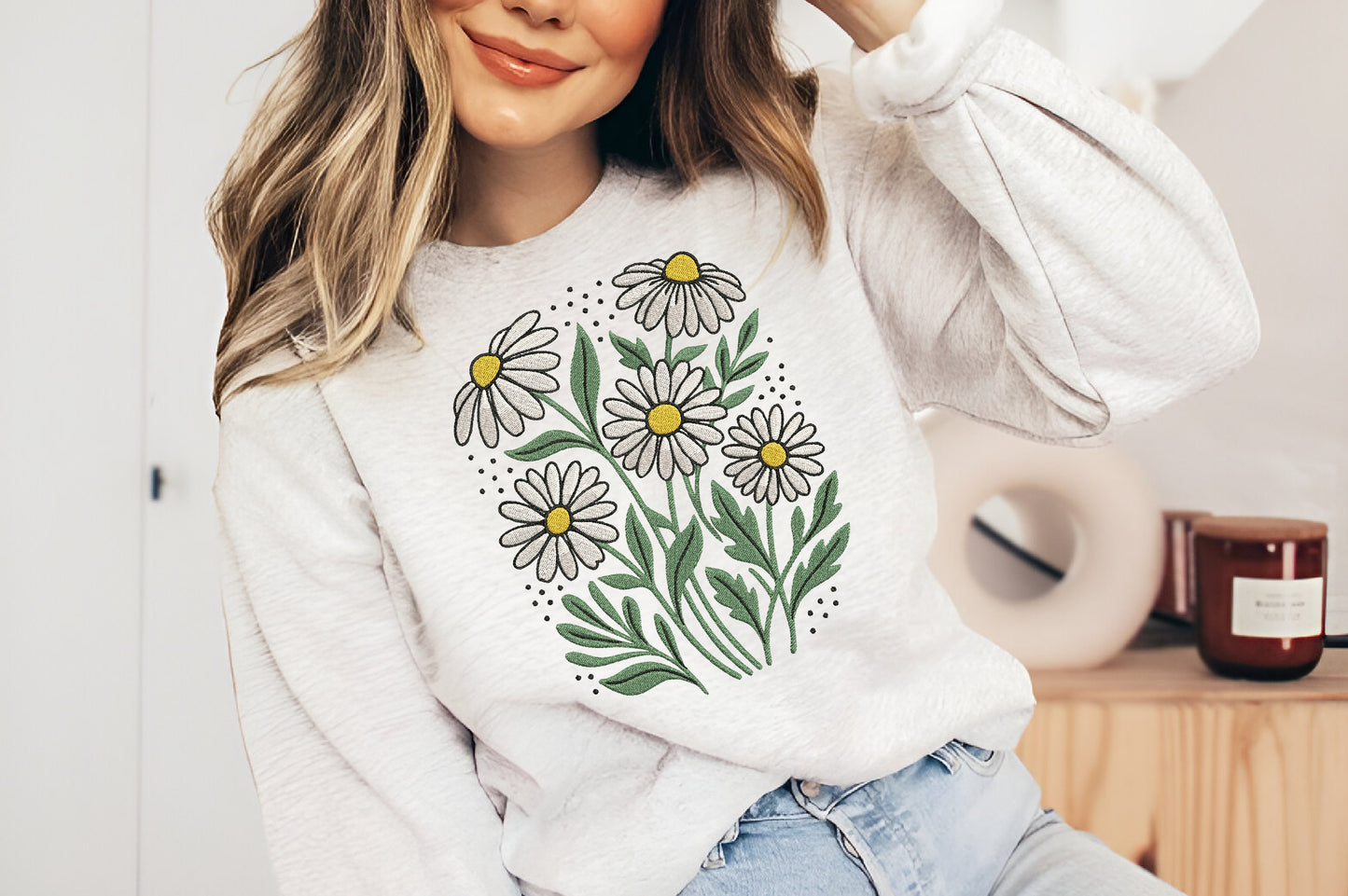 White Daisies Embroidery Design – Beautiful White Daisy Flower Machine Embroidery Pattern, Elegant Floral Embroidery Design