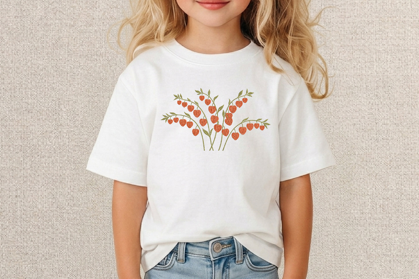Chinese Lantern Plant Embroidery Design – Beautiful Chinese Lantern Flower Machine Embroidery Pattern, Botanical Floral Embroidery Design