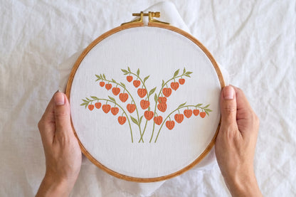 Chinese Lantern Plant Embroidery Design – Beautiful Chinese Lantern Flower Machine Embroidery Pattern, Botanical Floral Embroidery Design