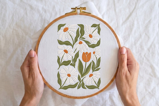 Daisies and Tulip Embroidery Design – Beautiful Daisy & Tulip Floral Machine Embroidery Pattern, Elegant Botanical Flower Embroidery Design