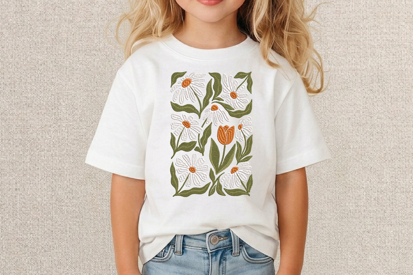 Daisies and Tulip Embroidery Design – Beautiful Daisy & Tulip Floral Machine Embroidery Pattern, Elegant Botanical Flower Embroidery Design