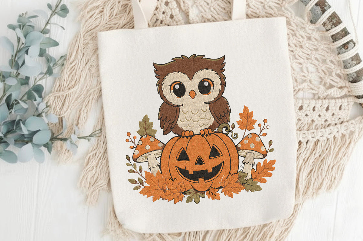 Owl Pumpkin Halloween Embroidery File – Cute Halloween Owl Machine Embroidery Design, Spooky Pumpkin Bird Embroidery