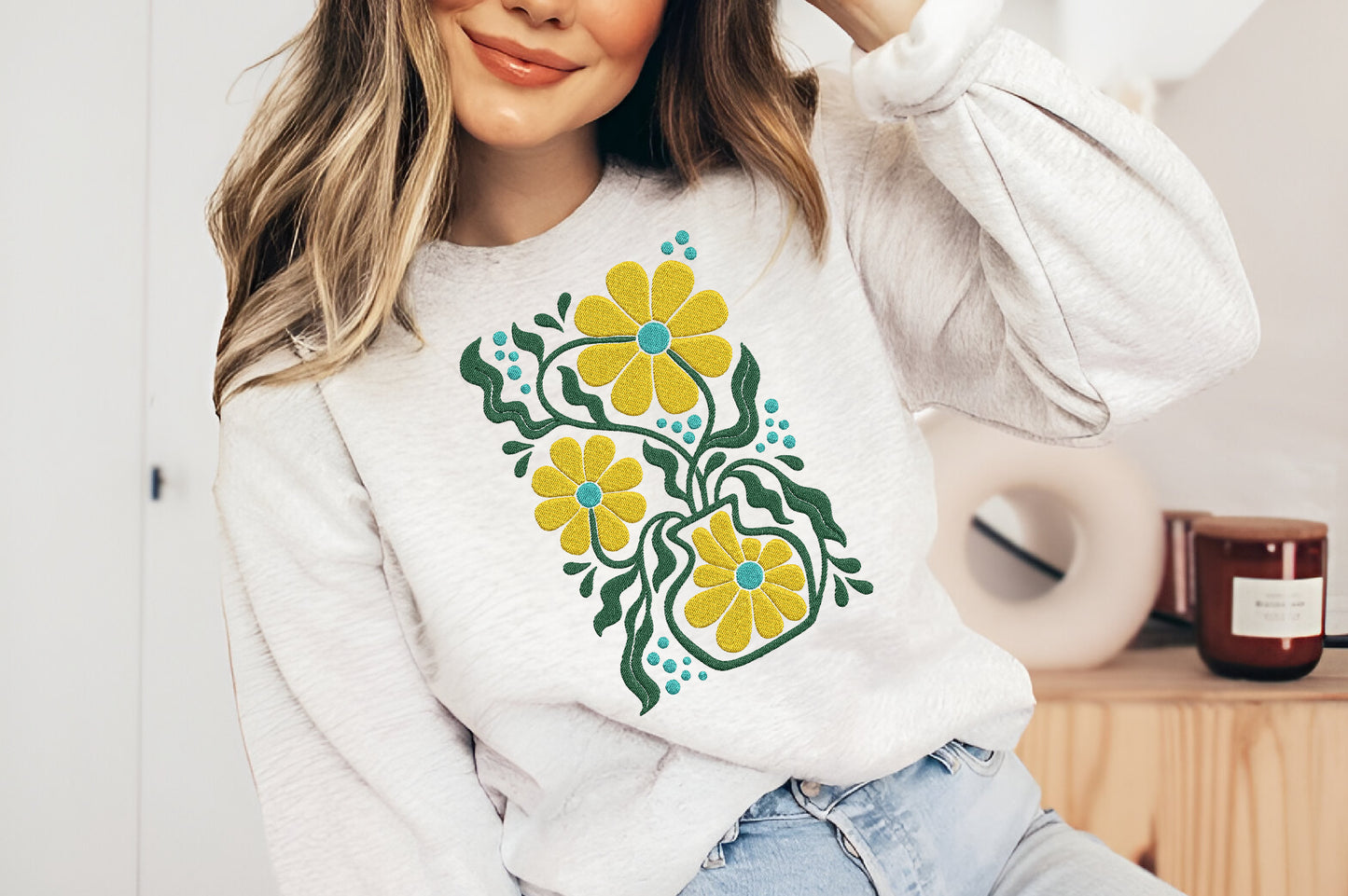 Abstract Daisy Flowers Embroidery Design – Modern Daisy Floral Machine Embroidery Pattern, Artistic Flower Embroidery Design