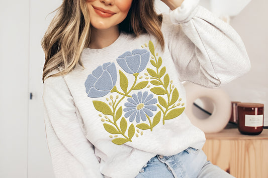 Blue Flowers Embroidery Design – Elegant Floral Machine Embroidery Pattern, Beautiful Blue Flower Embroidery Design