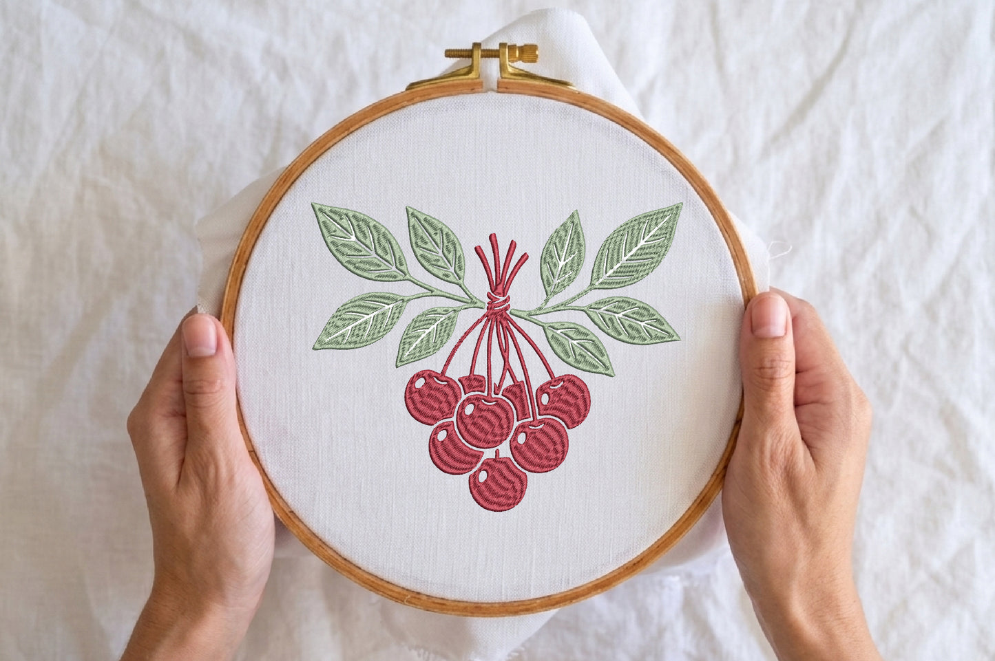 Cherries Embroidery Design – Cute Cherry Fruit Machine Embroidery Pattern, Sweet Summer Fruit Embroidery Design