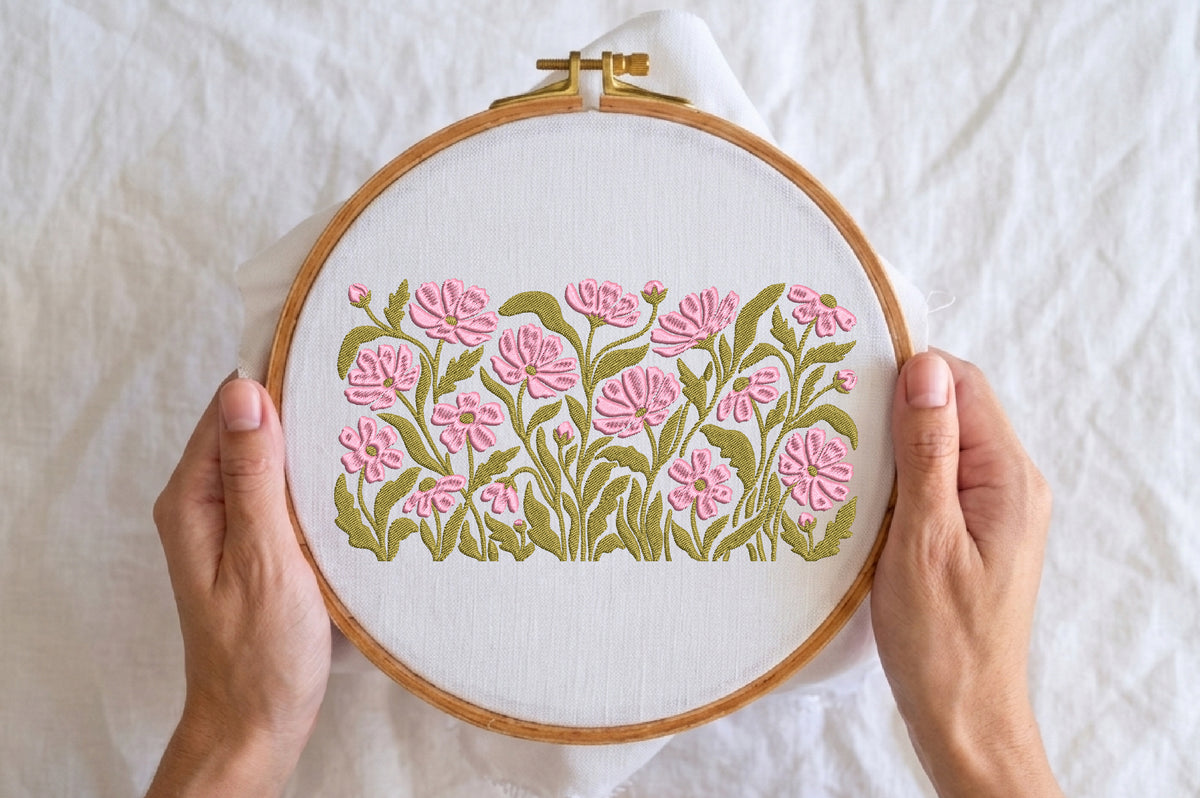 Pink Blossoms Embroidery Design – Beautiful Pink Flower Machine Embroidery Pattern, Elegant Floral Botanical Embroidery Design