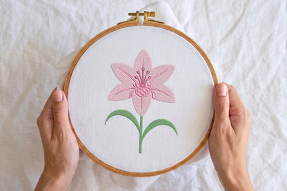 Pink Lily Flower Embroidery Design – Beautiful Pink Lily Machine Embroidery Pattern, Elegant Floral Embroidery Design