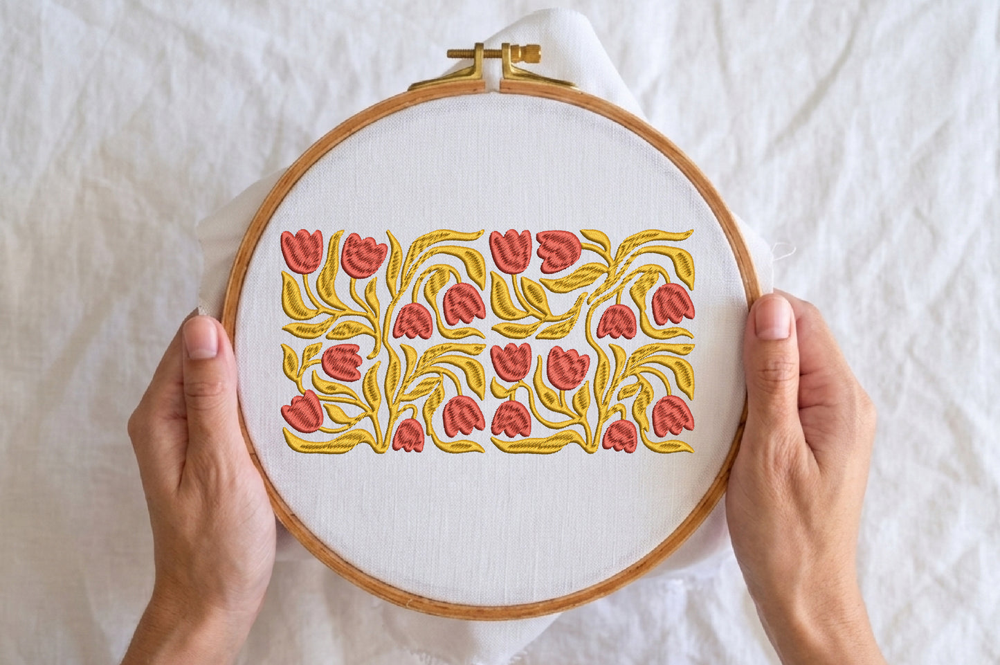Red Tulips Flowers Embroidery Design – Beautiful Red Tulip Floral Machine Embroidery Pattern, Elegant Flower Embroidery Design