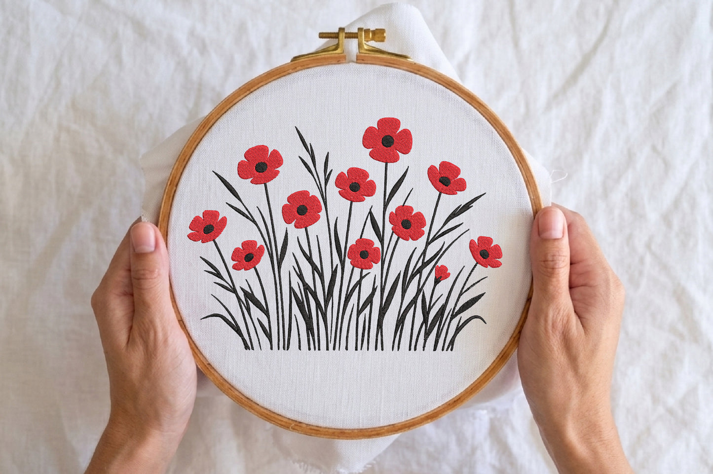 Red Wildflowers Embroidery Design – Beautiful Red Wildflower Machine Embroidery Pattern, Elegant Floral Botanical Embroidery Design