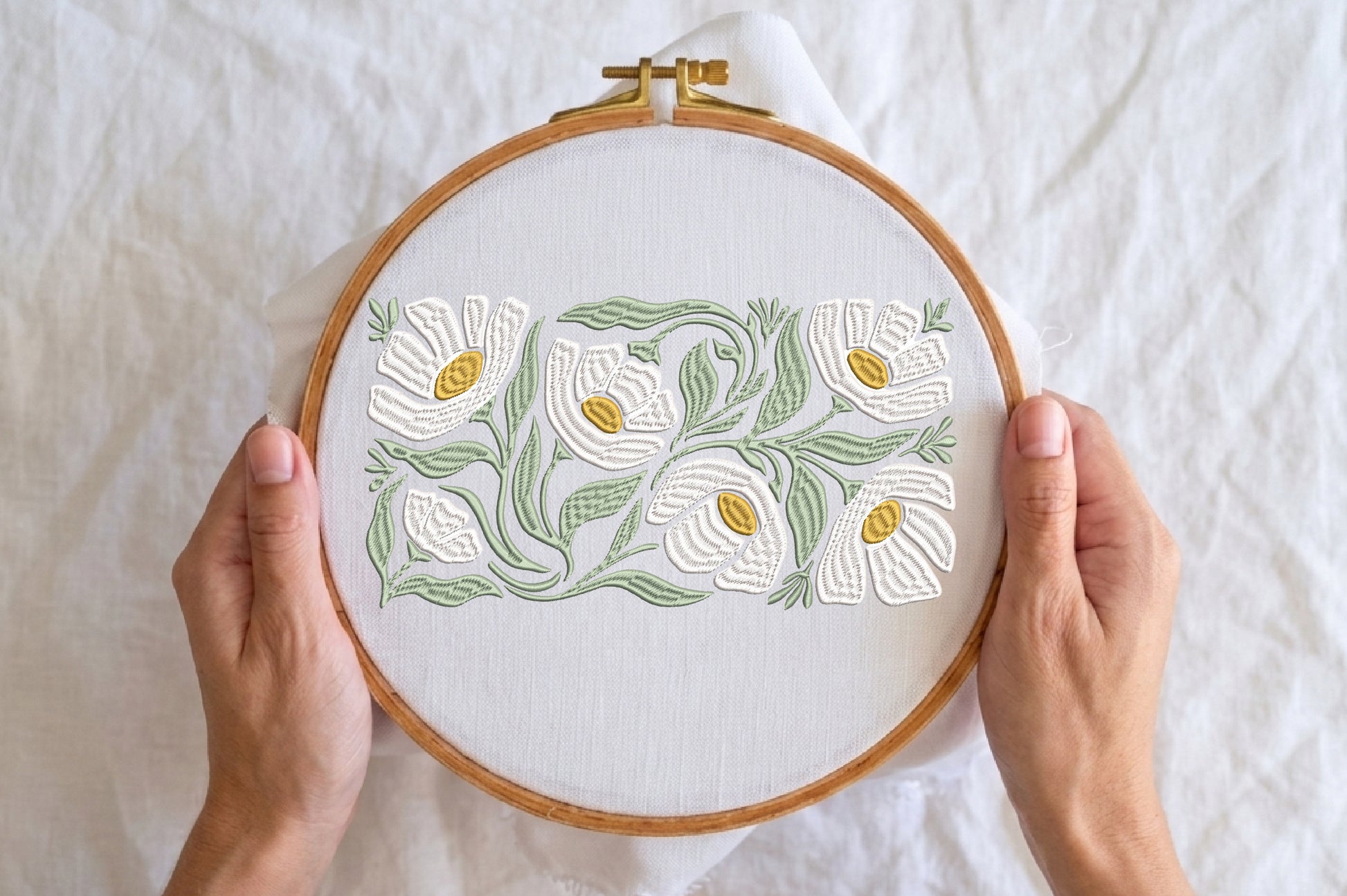 White Cosmos Flowers Embroidery Design – Beautiful White Cosmos Floral Machine Embroidery Pattern, Elegant Botanical Flower Embroidery Design