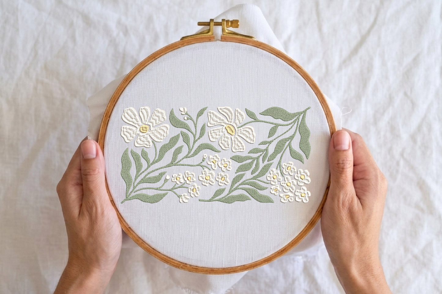 White Flowers Embroidery Design – Beautiful White Floral Machine Embroidery Pattern, Elegant Flower Embroidery Design