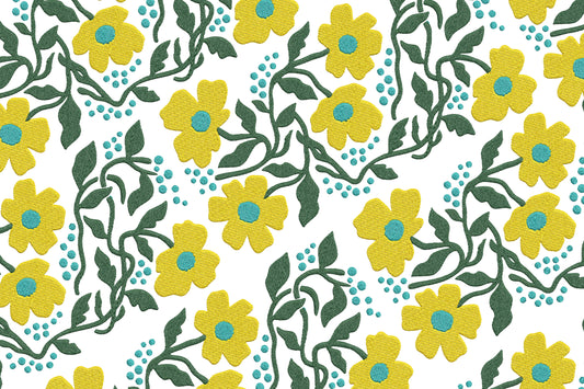 Yellow Whimsical Flowers Embroidery Design – Cute Yellow Floral Machine Embroidery Pattern, Playful Botanical Embroidery Design