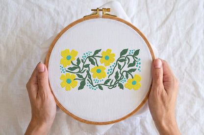 Yellow Whimsical Flowers Embroidery Design – Cute Yellow Floral Machine Embroidery Pattern, Playful Botanical Embroidery Design