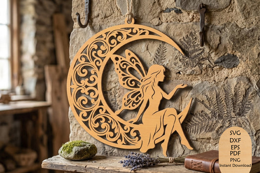 Fairy Moon Laser Cut SVG, Magical Fairy Wall Decor, Fantasy Woodland Cut File