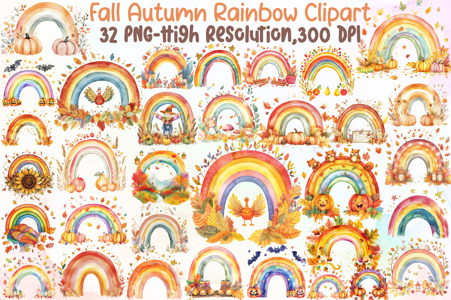 Fall Autumn Rainbow Clipart PNG Bundle Cute Seasonal Elements