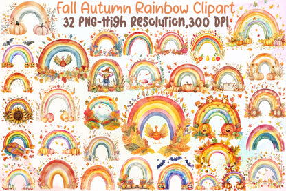 Fall Autumn Rainbow Clipart PNG Bundle Cute Seasonal Elements