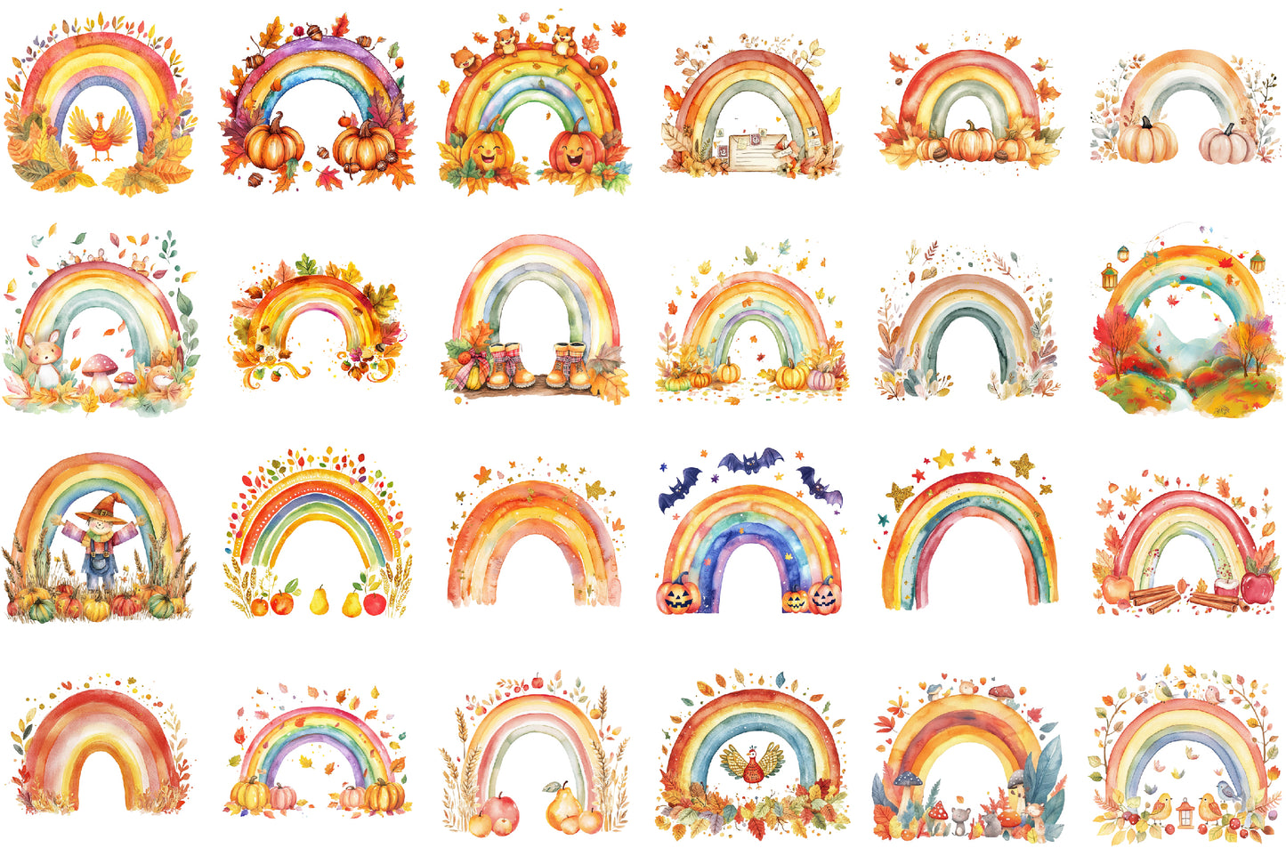 Fall Autumn Rainbow Clipart PNG Bundle Cute Seasonal Elements