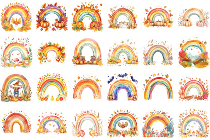 Fall Autumn Rainbow Clipart PNG Bundle Cute Seasonal Elements