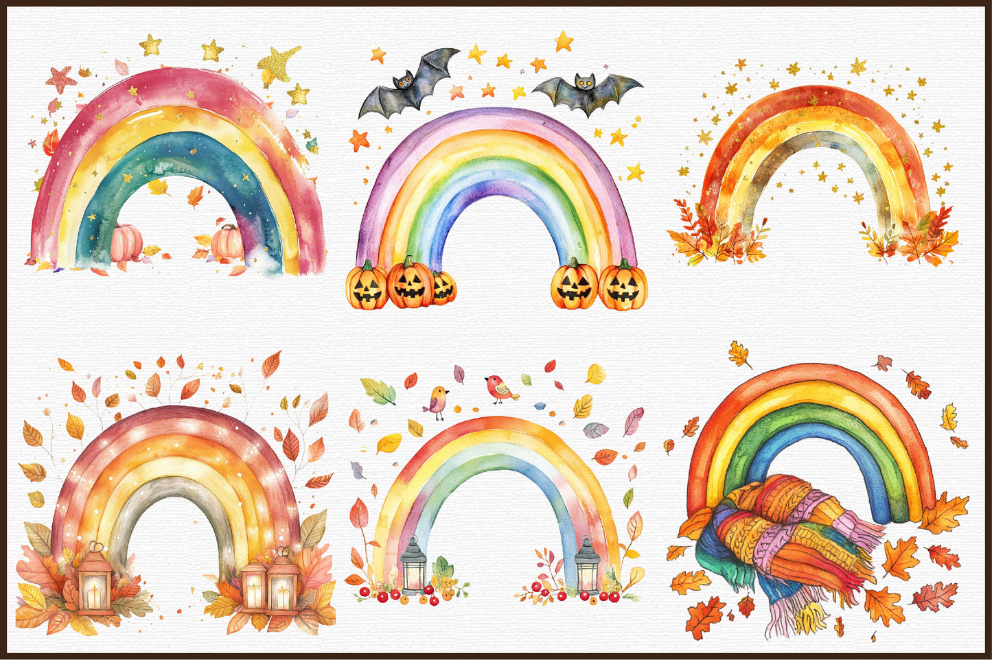 Fall Autumn Rainbow Clipart PNG Bundle Cute Seasonal Elements