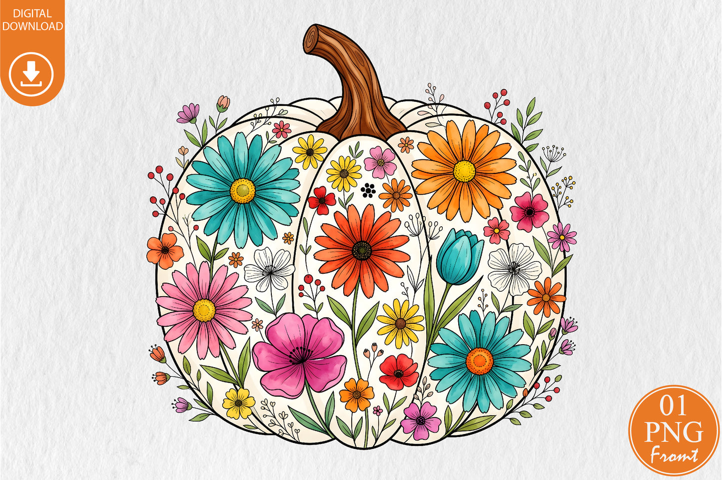 Fall Floral Pumpkin PNG Colorful Autumn Flowers Cute Pumpkin Sublimation Design