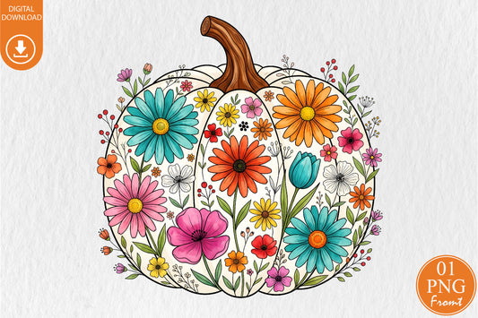 Fall Floral Pumpkin PNG Colorful Autumn Flowers Cute Pumpkin Sublimation Design