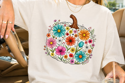 Fall Floral Pumpkin PNG Colorful Autumn Flowers Cute Pumpkin Sublimation Design
