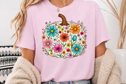 Fall Floral Pumpkin PNG Colorful Autumn Flowers Cute Pumpkin Sublimation Design
