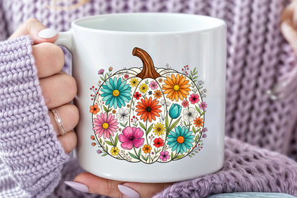 Fall Floral Pumpkin PNG Colorful Autumn Flowers Cute Pumpkin Sublimation Design