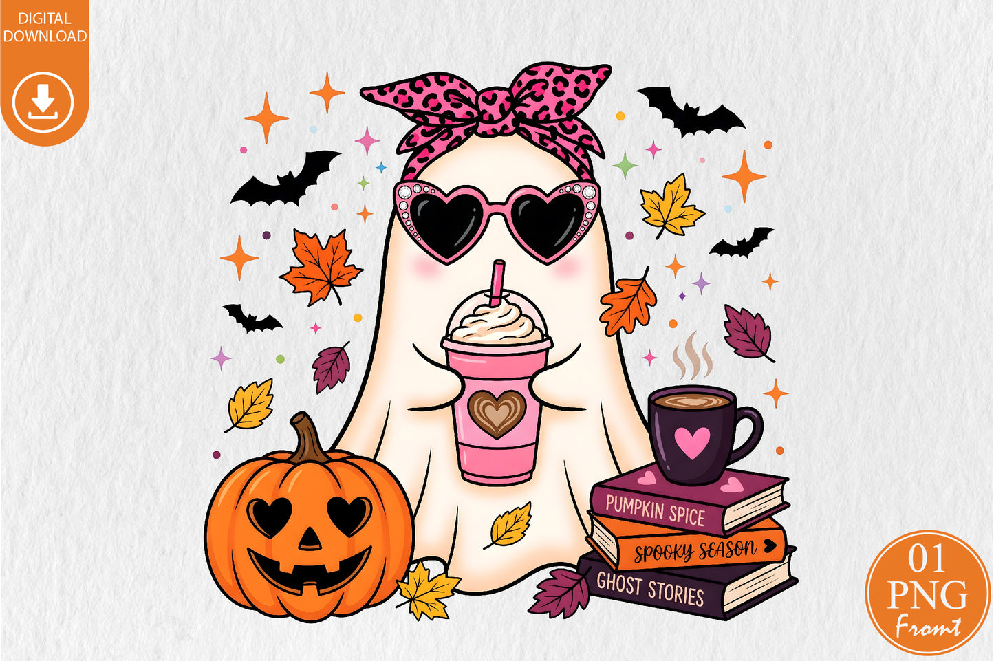 Fall Ghost PNG Girly Halloween Pumpkin Spice Spooky Season Sublimation Design