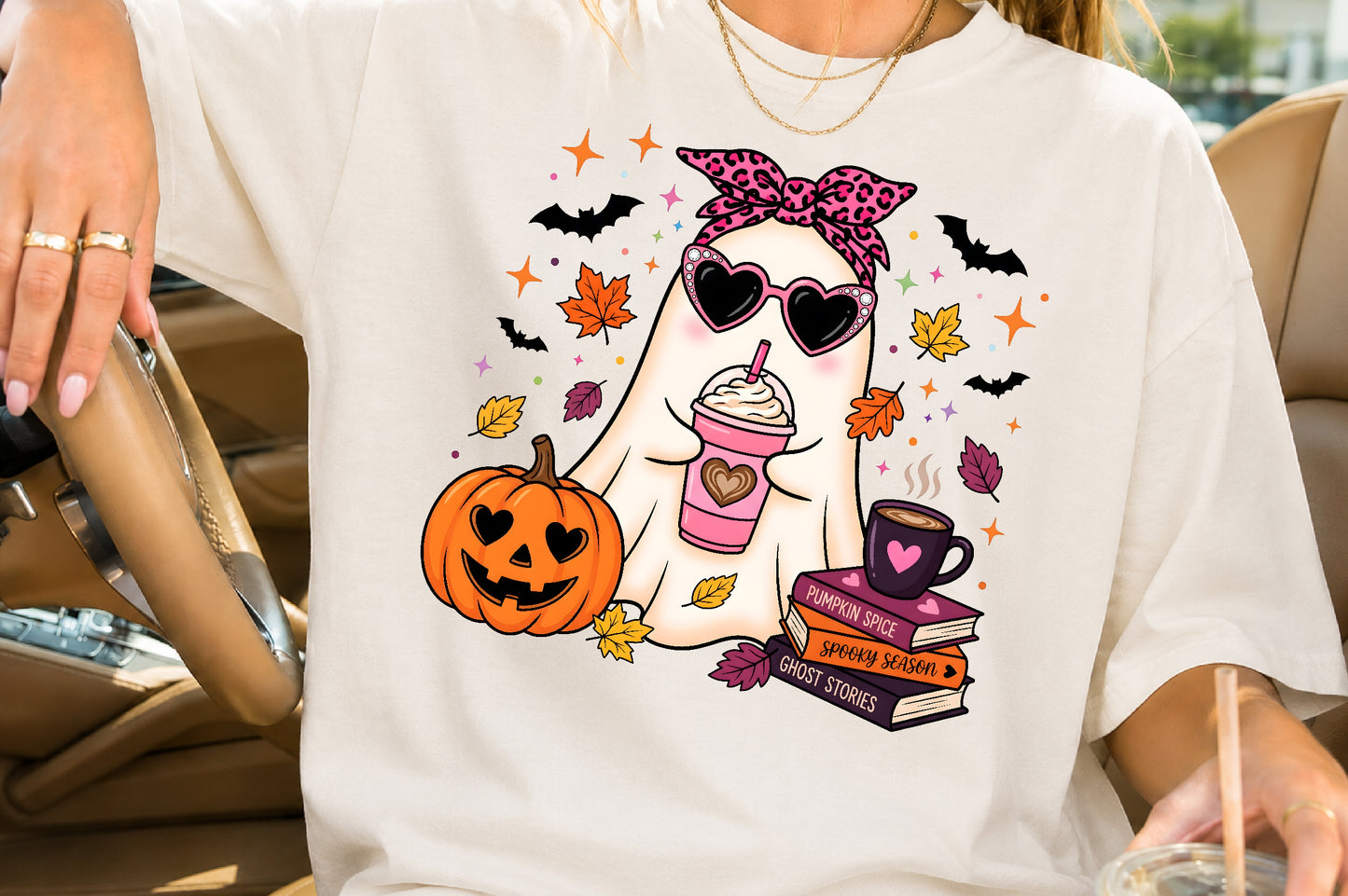 Fall Ghost PNG Girly Halloween Pumpkin Spice Spooky Season Sublimation Design