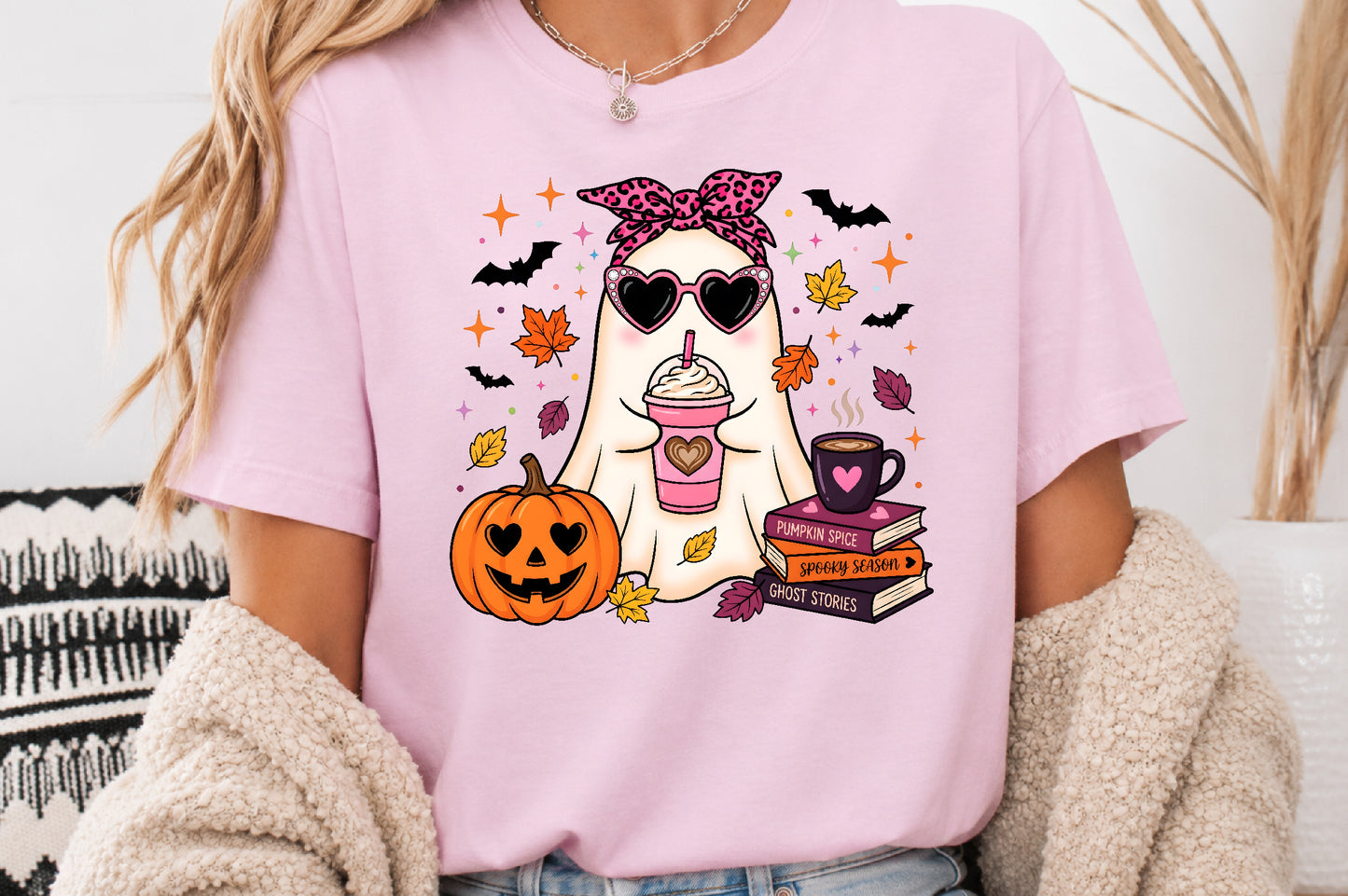 Fall Ghost PNG Girly Halloween Pumpkin Spice Spooky Season Sublimation Design