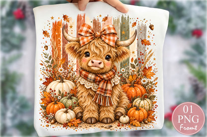Fall Highland Cow PNG Autumn Pumpkin Orange Plaid Bow Sublimation